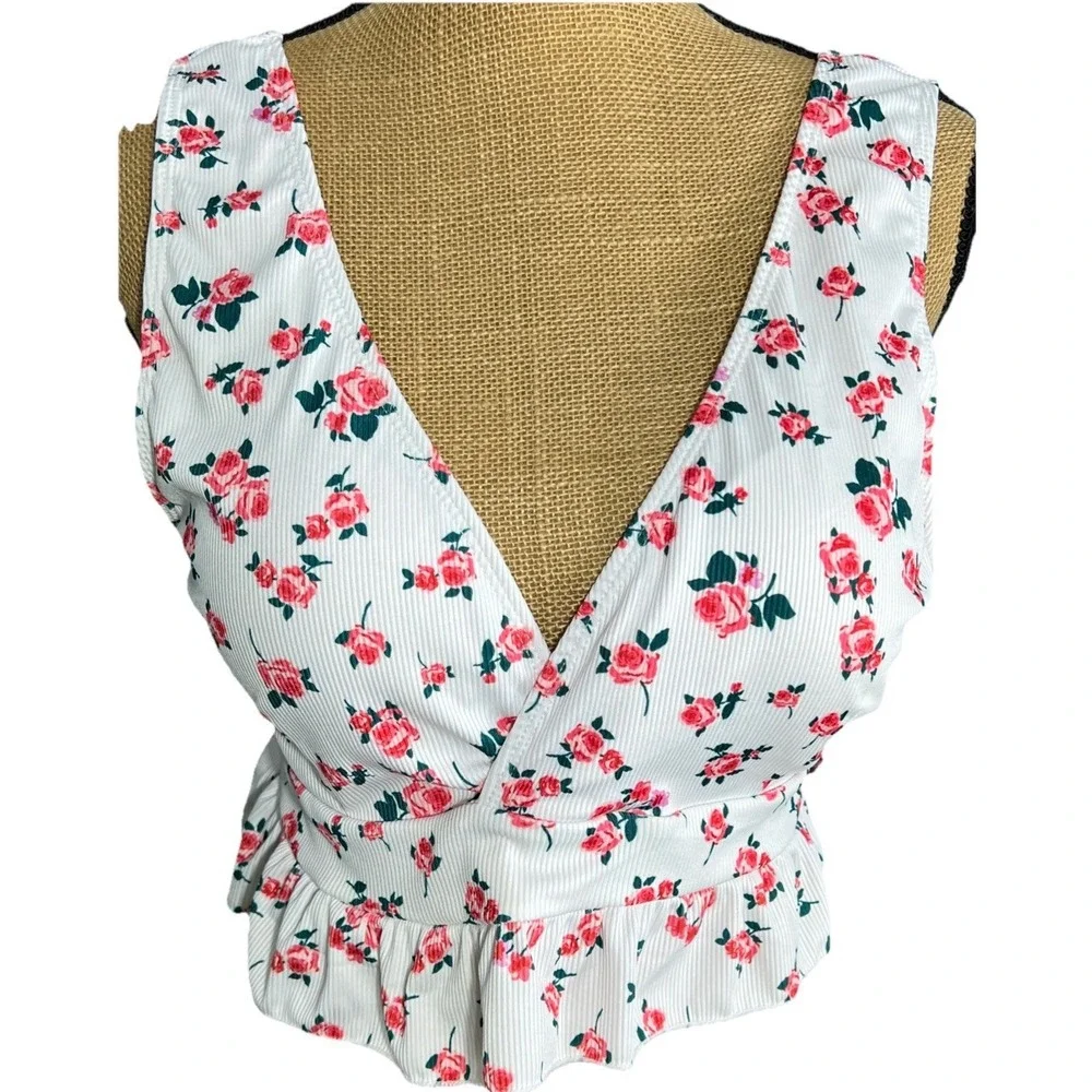 Womens 2XL Floral Ribbed Tankini Top White Pink Peplum Plus Size Swimwear